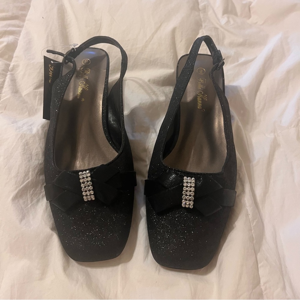 Chic Black Metallic Slingback Block Heels Sz 9 Wide